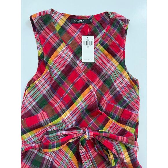 Lauren Ralph Lauren Pink Multi Plaid Crinkle Cotton Sleeveless Dress Size 8 NWT - Picture 5 of 12